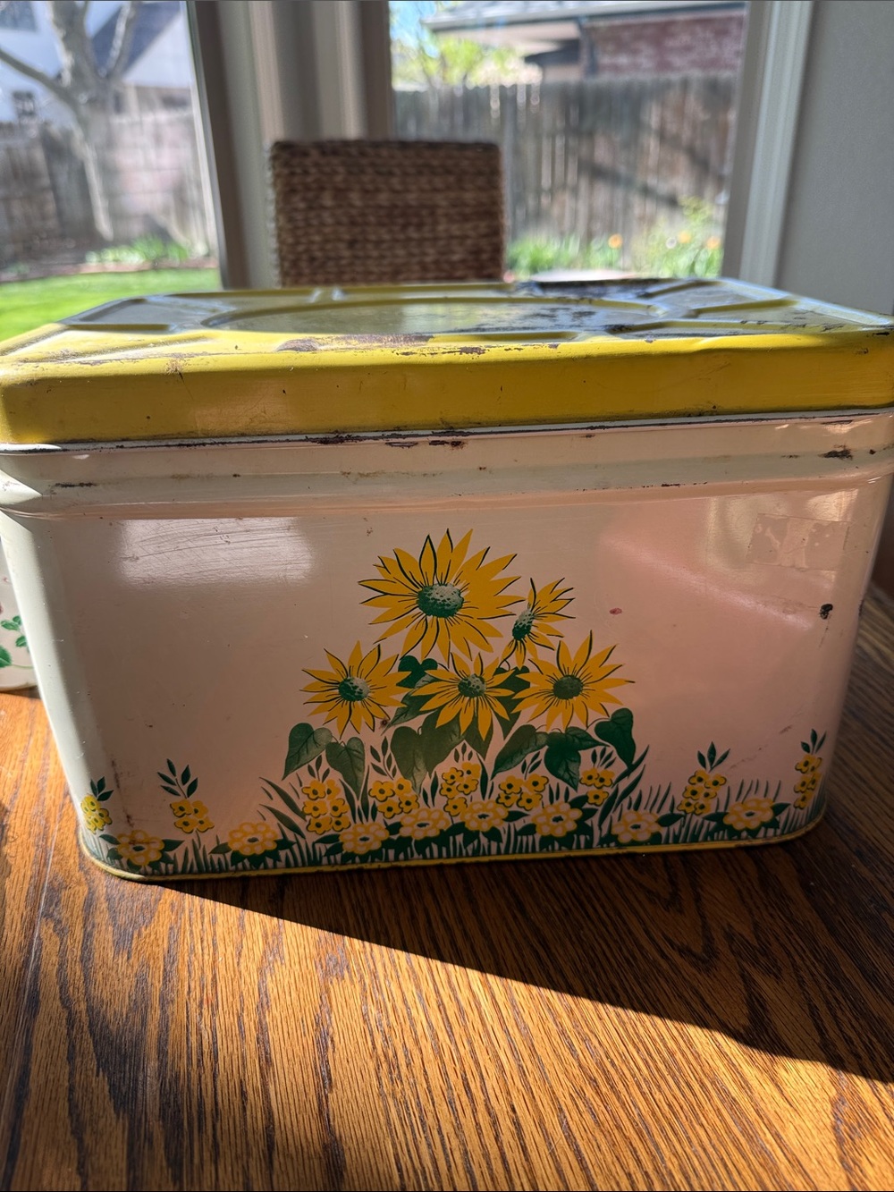 Vintage Floral Metal Storage Tin with Yellow Sunflower Design